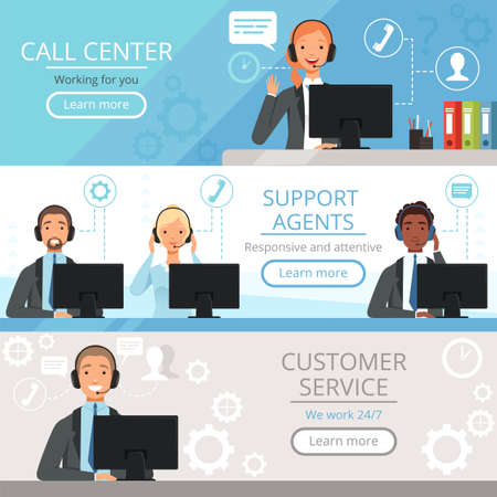 Call center banners. Support agents characters customer service phone helping operators vector cartoon illustrations. Support assistance, help serviceのイラスト素材