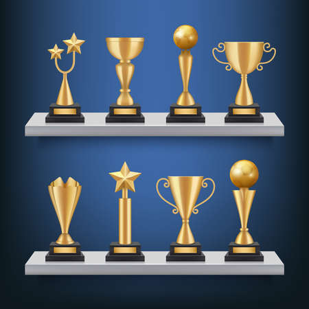 Awards shelves. Trophies medals and cups on bookshelf vector realistic concept of sport competition winners. Trophy cup for winner, success prize illustrationのイラスト素材