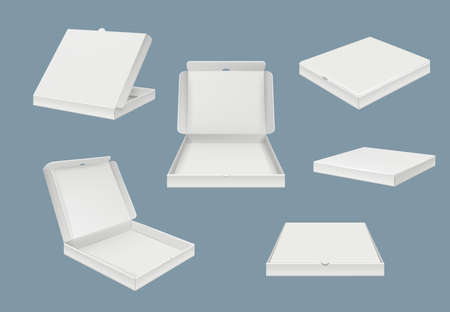 Pizza package mockup. Fast food delivery cardboard open and closed box of various views vector realistic template. Illustration of pizza box, container various 3d open for food takeawayのイラスト素材