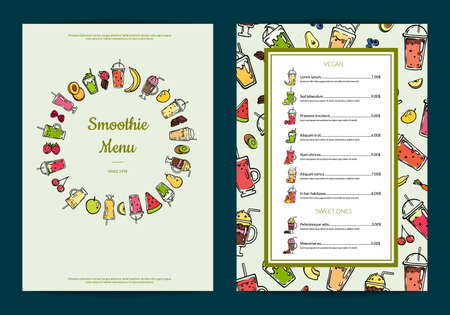 Vector doodle fresh fruits mix smoothie cafe or restaurant menu template illustrationのイラスト素材