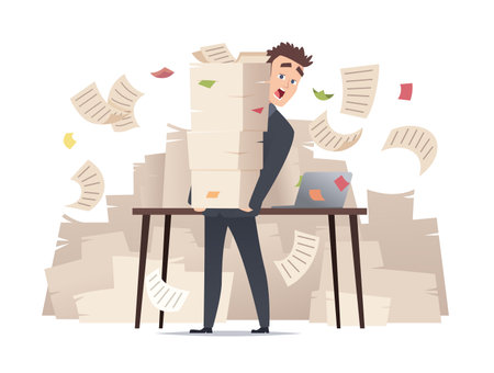 Workload businessman. Overwork office manager director sitting at table over much papers documents bureaucracy vector cartoon concept. Illustration of businessman workload and stressのイラスト素材