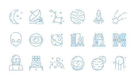 Space line icon. Moon astronomy station rocket astronaut alien stars vector thin symbols. Illustration of rocket space, planet and moon, telescope and spaceshipのイラスト素材