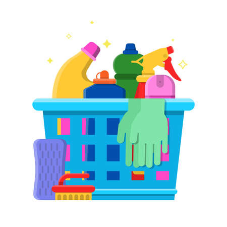 Cleaning bottles basket. Detergent laundry service chemical items freshener tools vector flat picture. Illustration of basket with chemical bottle, detergent and disinfectant sprayのイラスト素材