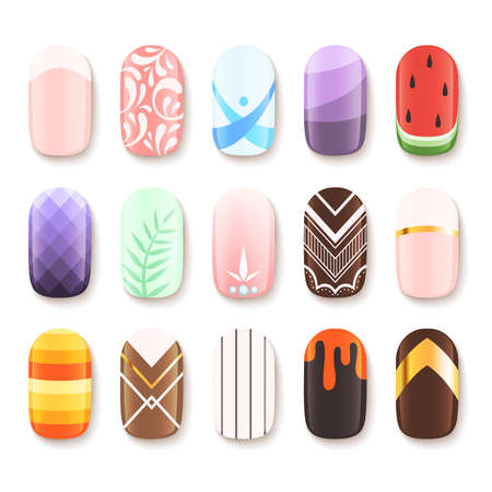 Nail designs. Colored template of finger art design vector pictures cartoon. Illustration of manicure nail, beauty polish glamourのイラスト素材