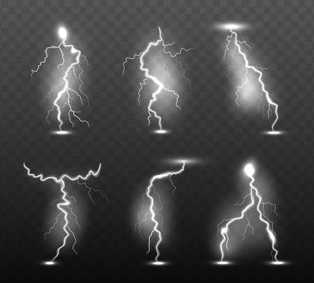 Night lightning. Glow stormy weather light effects power energy electricity thunder rain strike in sky vector realistic collection. Illustration of light power electric, powerful chargeのイラスト素材