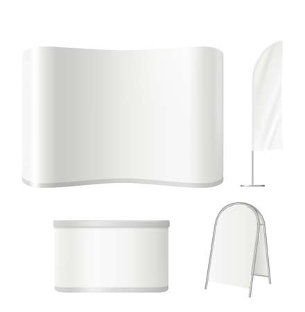 Exhibition stands. Advertising event empty display board screen roll up blank poster and promotional wall vector realistic template. Illustration of screen advertising and commercial presentationのイラスト素材