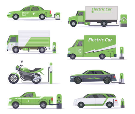 Eco cars. Save weather electricity vehicles vector green collection. Ecology car, energy green, electricity power illustrationのイラスト素材
