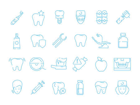 Stomatology icons. Dental teeth protection orthodontics mouth caries extraction vector healthcare thin line symbols. Dental and tooth, medicine stomatology icons illustrationのイラスト素材