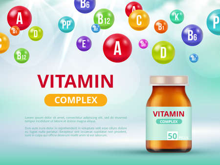 Vitamins poster. Medical bottles with multivitamins mineral colored pills vector healthcare medical concept advertizing placard. Illustration of medical pill vitamin, health supplementのイラスト素材