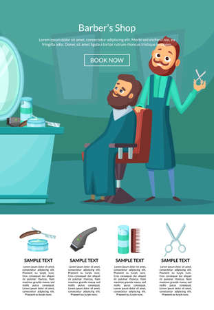 Vector landing page illustration with barber doing a haircut to a client insalonwith table and mirror. Barbershop interior, hairstyle salonのイラスト素材