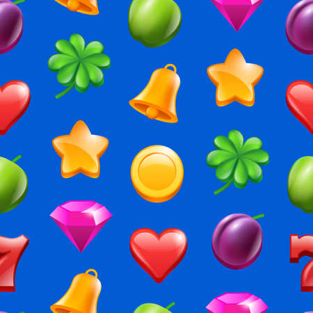 Vector realistic casino symbols pattern or background illustration. Bell and red heartのイラスト素材
