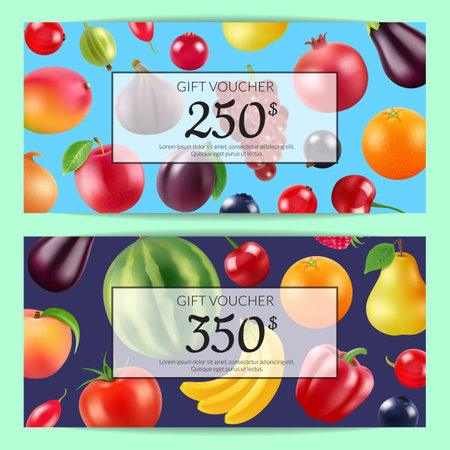 Vector realistic fruits and berries discount or gift voucher templates illustrationのイラスト素材