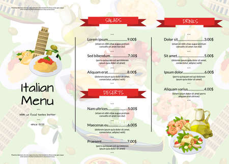 Vector cartoon italian cuisine cafe or restaurant menu template illustration. Restaurant menu banner with meal foodのイラスト素材
