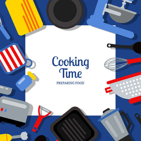 Vector flat style kitchen utensils background illustration with place for text in center. Kitchen cooking, utensil and kitchenwareのイラスト素材