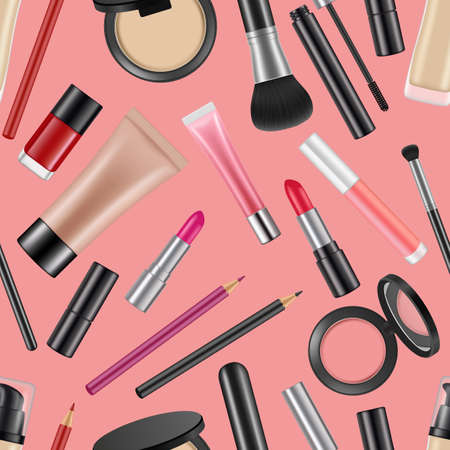 Vector realistic makeup elements pattern or background illustration. Makeup beauty and glamour cosmetic, brush and mascaraのイラスト素材