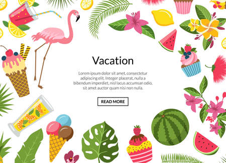 Vector flat cute summer elements, cocktails, flamingo, palm leaves background with place for text illustrationのイラスト素材