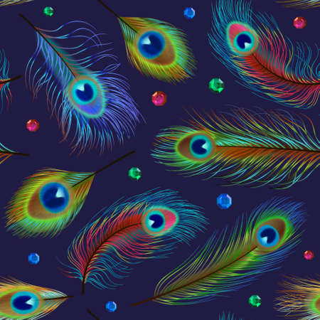 Feathers pattern. Peacock feathers seamless background for textile fashioned design projects decent vector pictures setのイラスト素材