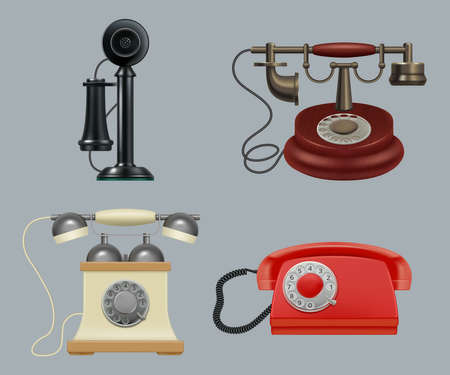 Retro phones realistic. Old style vintage gadgets ringing telephone for call center service decent vector illustrations setのイラスト素材