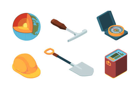 Earth exploration. Isometric geologist equipment ground layers mantle of earth technology processes garish vector colored illustrations isolatedのイラスト素材