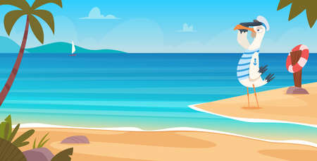 Seagull on beach. Bird sailor on seaside standing flying near sand coast ocean landscape blue water and sky exact vector cartoon backgroundのイラスト素材