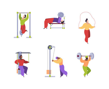 Sport people. Stylized flat characters making exercises healthy lifestyle activity cycling gym jogging yoga garish vector funny persons isolatedのイラスト素材