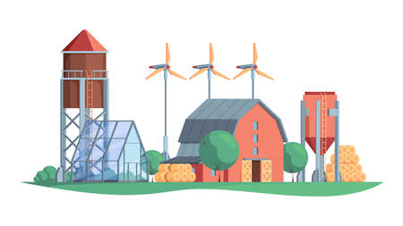 Agricultural background. Farm rural buildings windmill and vehicles garish vector cartoon...