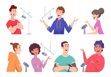 Podcast studio. Characters dialogue audio microphone interview headphones radio broadcast exact vector flat people in cartoon styleのイラスト素材