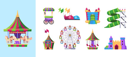 Attraction kids. Amusement park symbols children game machines carousel swing inflatable catapult wheel rides garish vector flat pictures collectionのイラスト素材