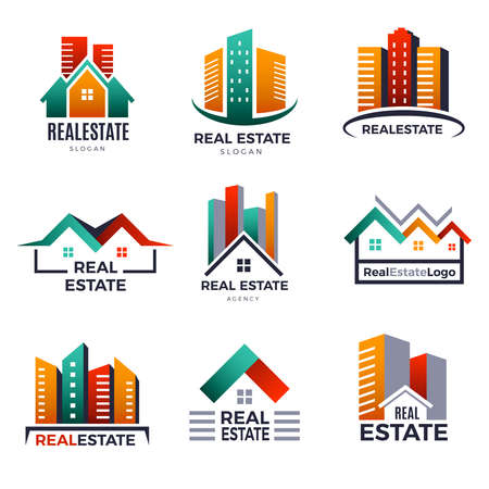 Real estate logo. Buildings luxury houses home pictures stylized recent vector badges collectionのイラスト素材