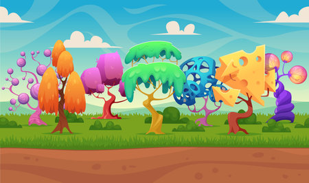 Fairytale background. Fantasy trees night lighting wood forests lanterns glowing fairytale effects in cartoon style exact vector colored illustrationsのイラスト素材