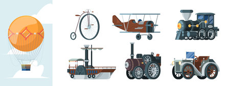 Retro transport. Old vintage vehicles in flat style cars trucks carriage airplanes garish vector cartoon illustrationsのイラスト素材