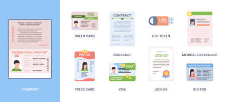 Legal id passport. Personal documents credit or debit cards immigration information stickers personality photo green card garish vector templateのイラスト素材