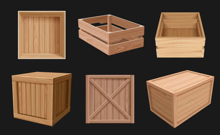Wooden containers. 3d boxes for fragile products empty packages various views cargo shipping wooden containers decent vector realistic pictures collectionのイラスト素材