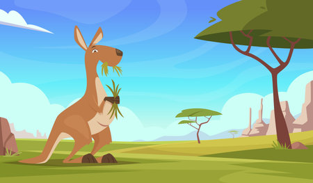 Kangaroo background. Cartoon australian landscape with wildlife animals kangooroo plants and rocks exact vector illustrationsのイラスト素材