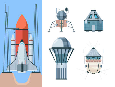 Astronomy set. Exploring universe science collection shuttle telescope planetarium astronomical buildings antena radio garish vector flat pictures setのイラスト素材