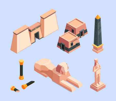 Ancient egypt. Architectural old objects of egypt pyramid buildings desert historical constructions garish vector isometric illustrationsのイラスト素材