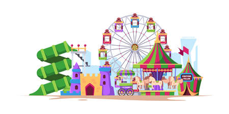 Amusement background. Landscape fun city with attractions for kids big wheels with swing machines with fast food rollercoastのイラスト素材