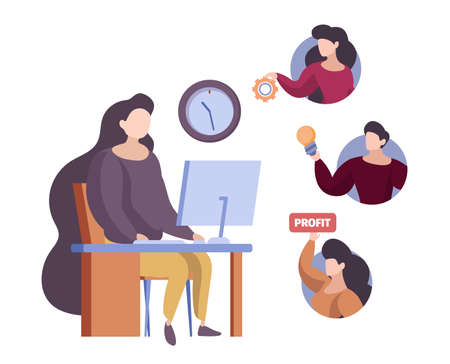 Online coworking. People work together, web teamwork. Woman call colleagues on video vector concept
