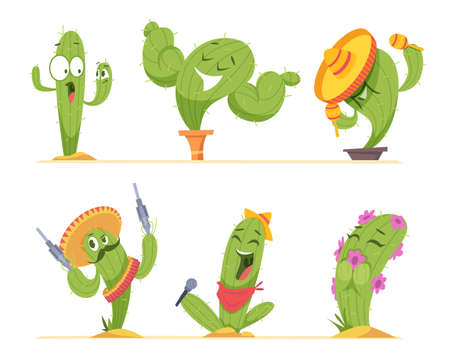 Cactus characters. Mexico authentic plants happy faces in cartoon style exact vector pictures of emoticon of cactus in various posesのイラスト素材