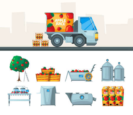 Juice production. Industry conveyor of juice from fruits beverage food garish vector flat pictures set isolatedのイラスト素材