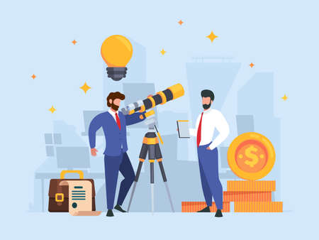 Businessman watching telescope. Successful team working exploring universe looking observer business concept garish vector background in flat styleのイラスト素材