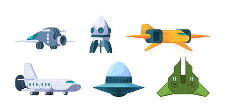 Spaceship. Ufo and rockets space travel universe shuttles garish vector futuristic jet plane...
