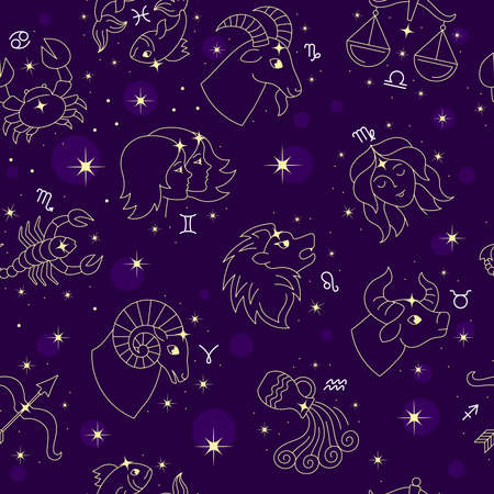Zodiac pattern. Horoscope symbols for textile design projects universe stars gemini capricorn aquarius cancer leo recent seamless backgroundのイラスト素材