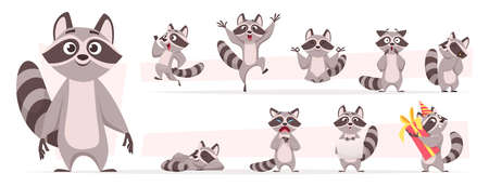 Raccoon animal. Wild mammal cute smile playing and jumping in various action poses forest dweller exact vector cartoon funny mascotのイラスト素材
