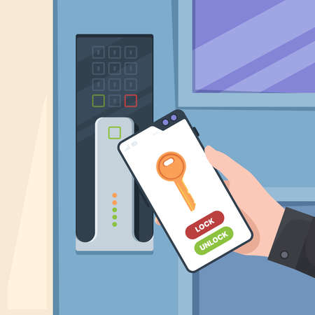 Smartphone unlock door. Electronic handle door wireless control system key garish vector concept backgroundのイラスト素材
