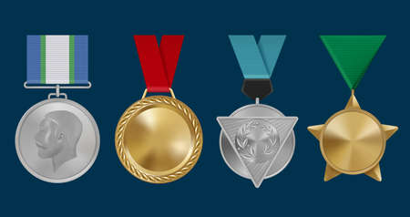 Sport awards. Military rosettes leadership golden medals decent vector templates of awards with red ribbonsのイラスト素材
