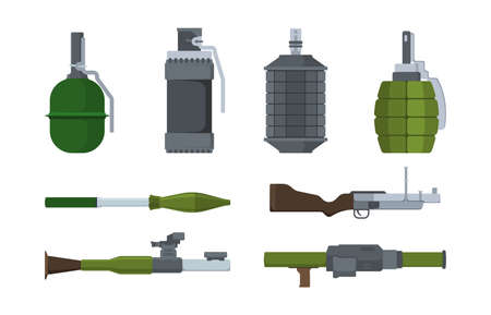 Weapons. Heavy artillery military items grenade launchers bazookas bombs explosives detonators tnt garish vector cartoon weapons collectionのイラスト素材