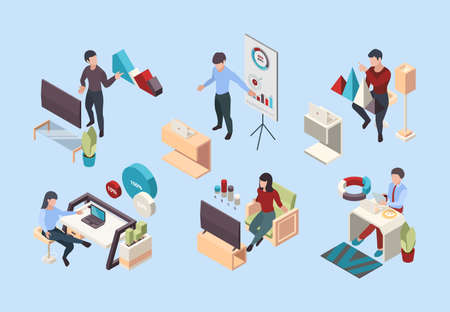 Online conference isometric. Remote workers sitting and home talking with gadgets self isolation...