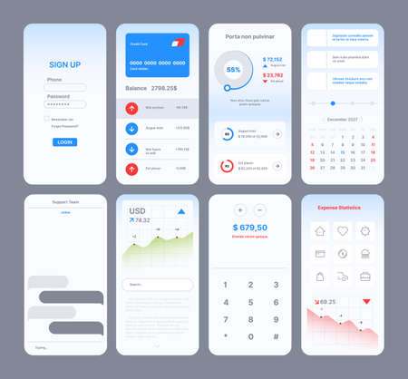 Web page templates. App design for user easy experience online digital interface symbols slider frames navigation bar search dividers icons garish vector pictures setのイラスト素材