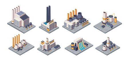 Industrial plants. Isometric factory buildings with tubes energy production business warehouses garish vector plantsのイラスト素材